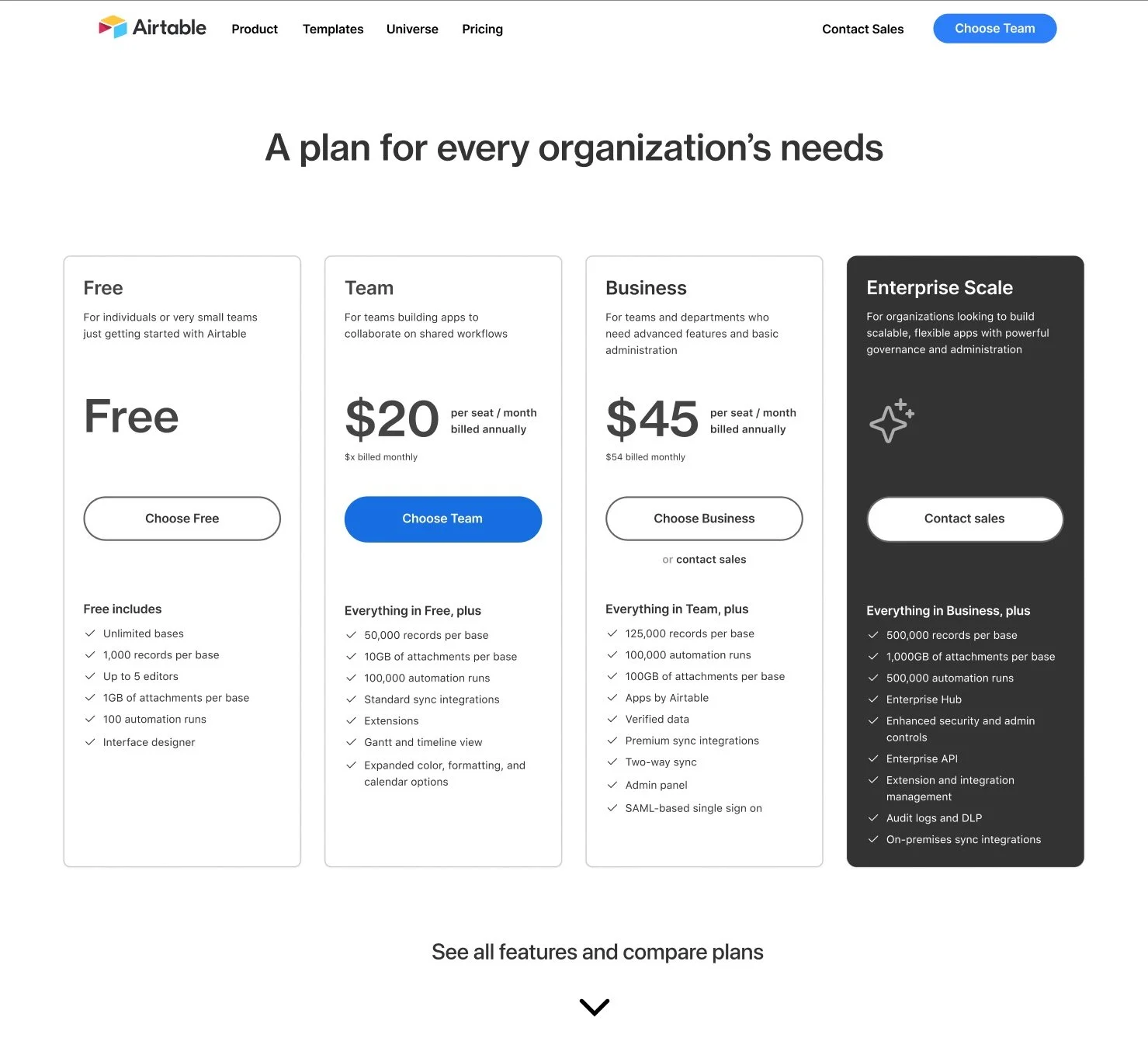 Redesigned Airtable pricing page